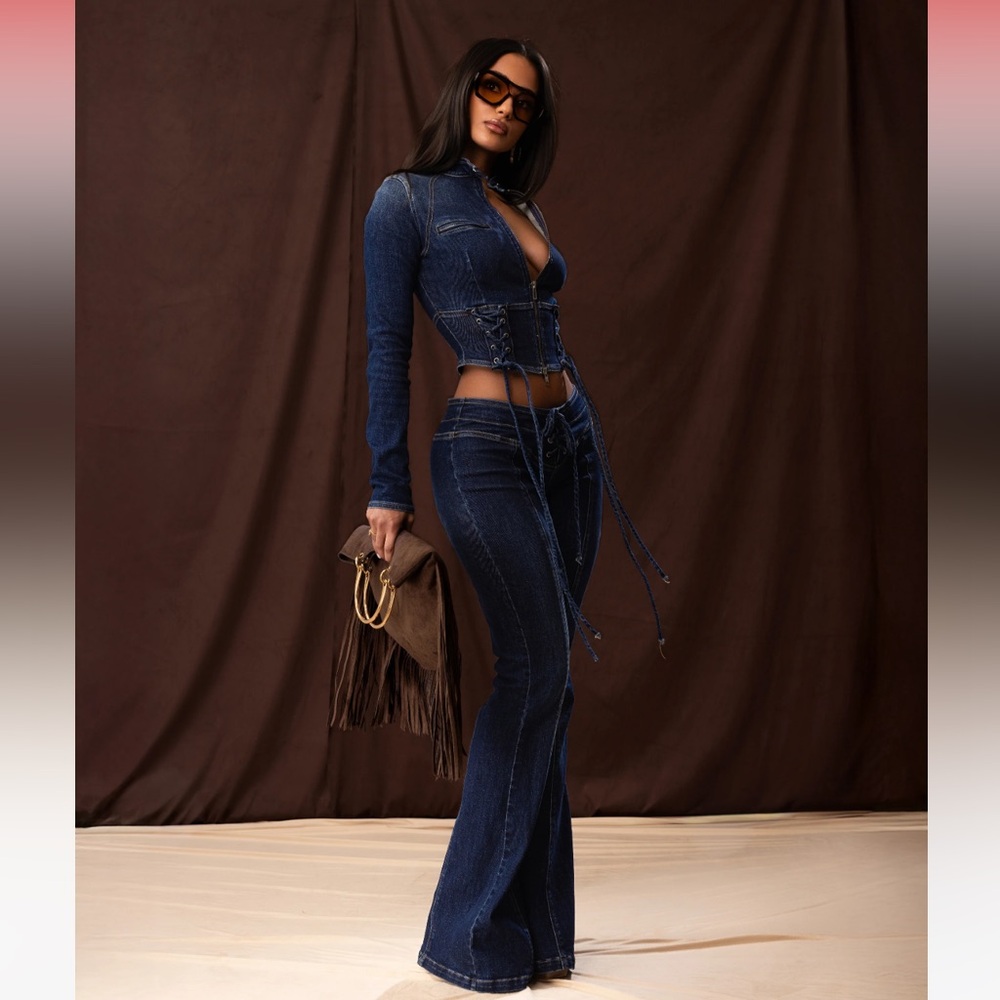 Women's Dark Blue Lace-Up Flare Jeans